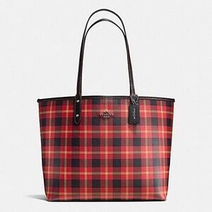 COACH REVERSIBLE CITY TOTE IN RILEY PLAID COATED CANVAS NWOT